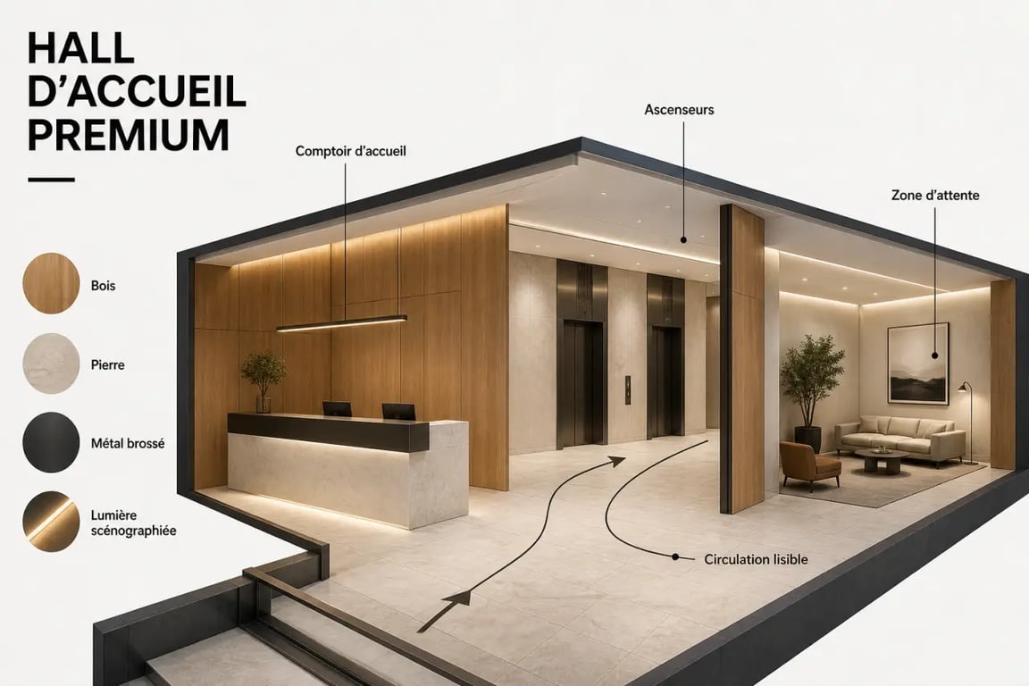 Aménager un espace de réception haut de gamme dans l'immobilier d'entreprise : hall premium avec matériaux nobles, éclairage scénographié et comptoir d’accueil sobre