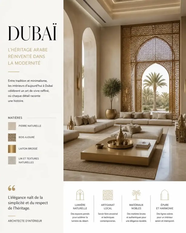 Les tendances du design intérieur pour les villas de luxe à Dubaï : fusion entre héritage arabe et modernité dans un salon spacieux.
