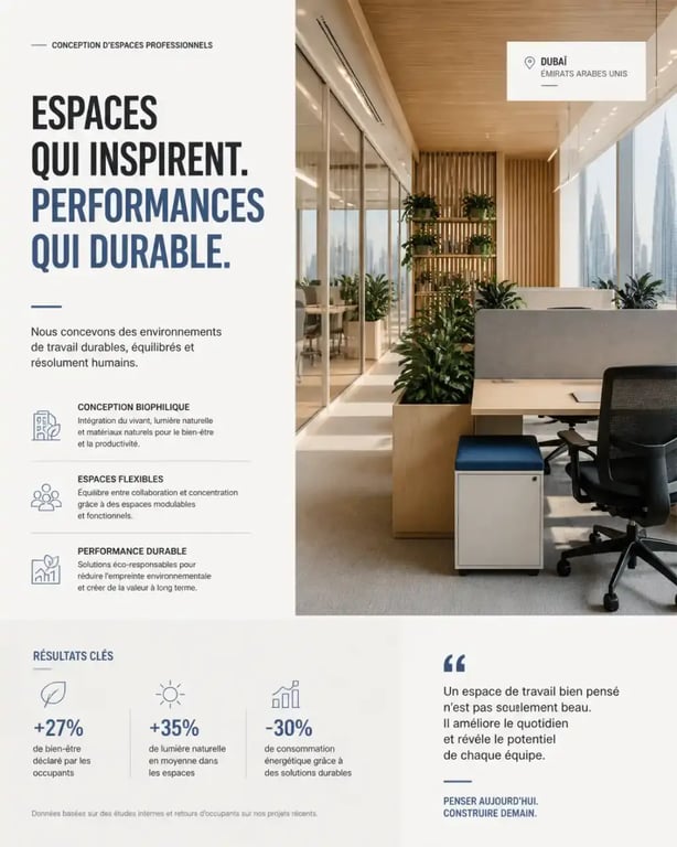 Aménagement et décoration de bureaux professionnels à Dubaï avec design biophilique et cloisons en verre