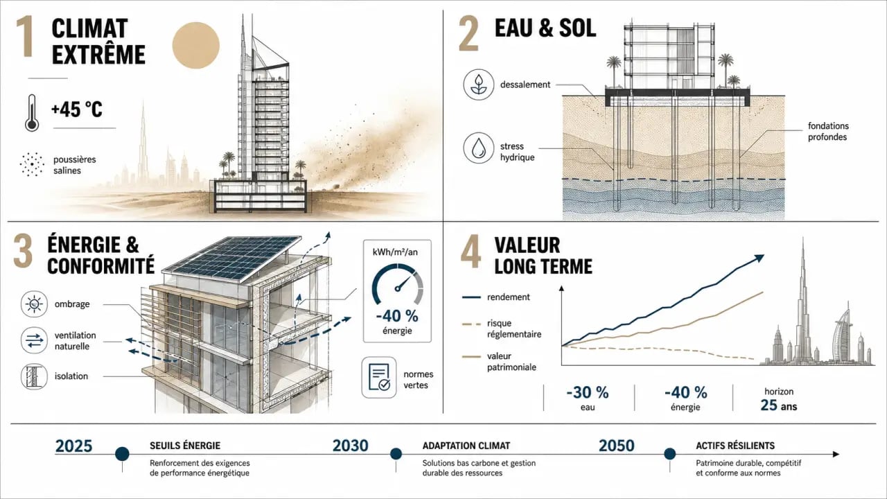 Les enjeux de la construction durable pour les investisseurs immobiliers à Dubaï, infographie sur le climat, les normes et la valeur des biens