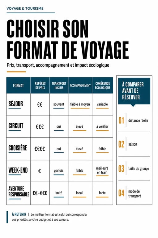 Voyage & Tourisme : comparaison visuelle des formats de voyage, des prix et des services inclus