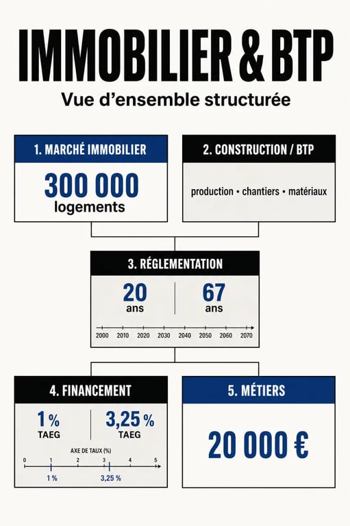 Infographie Immobilier & BTP sur les sous-thèmes du marché, de la construction, de la réglementation, du financement et des métiers