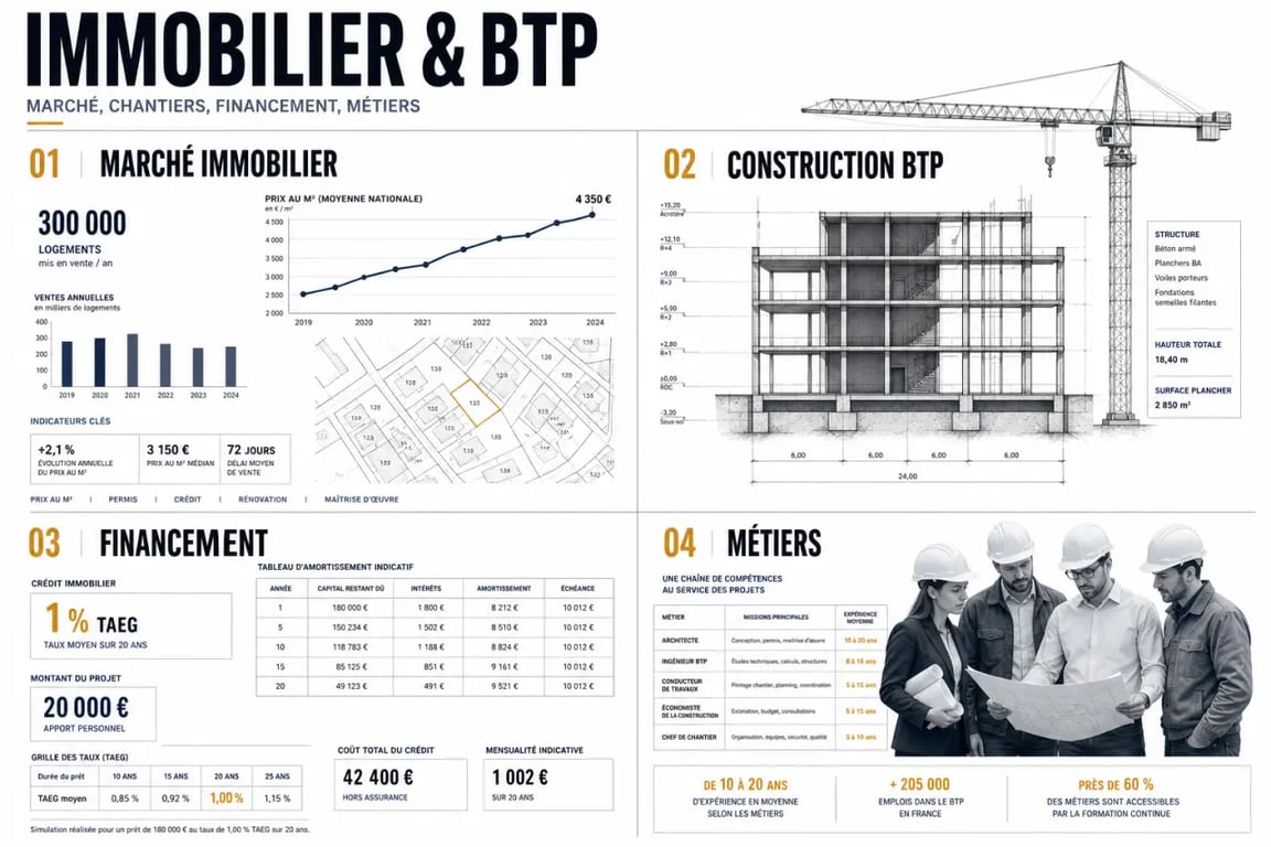 Infographie Immobilier & BTP montrant les sous-thématiques marché, construction, financement et métiers avec des repères clés