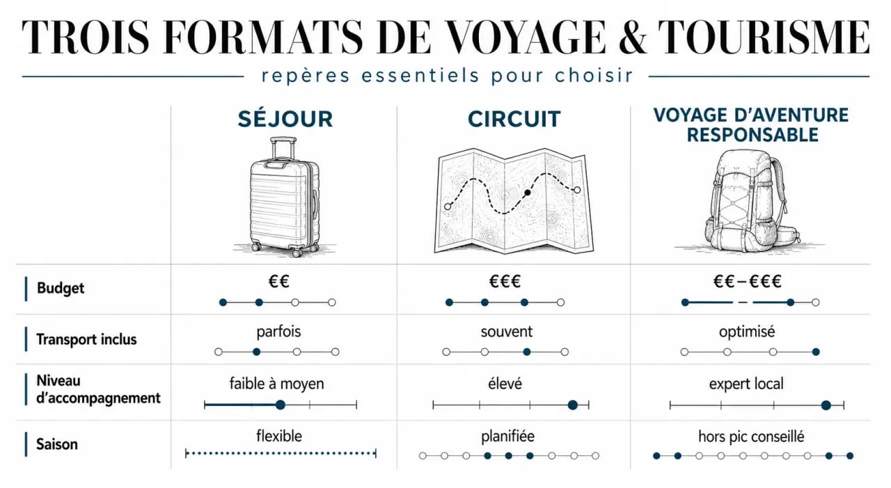 Voyage & Tourisme : comparaison des formats de séjour, circuit et aventure selon le budget et le transport inclus.