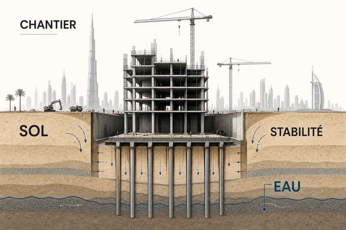 Les enjeux du terrassement pour les projets immobiliers à Dubaï illustrés par une coupe technique du sol sableux, du drainage et des fondations profondes