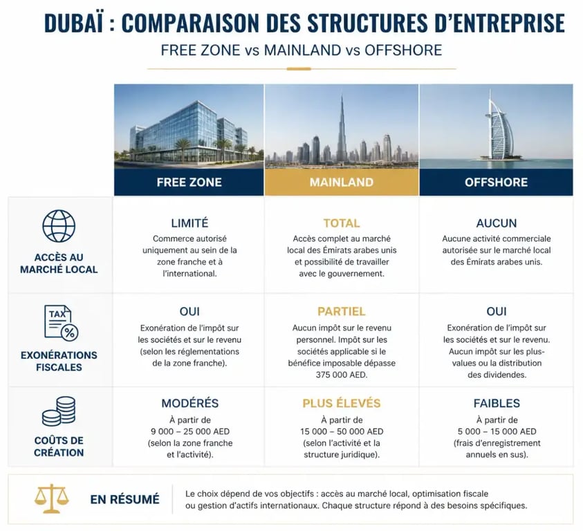 Infographie comparative des structures d'entreprise pour une implantation à Dubaï