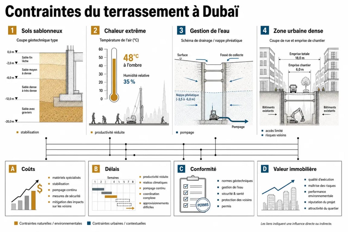 Les enjeux du terrassement pour les projets immobiliers à Dubaï comparés selon le sol, le climat, l’eau et la densité urbaine
