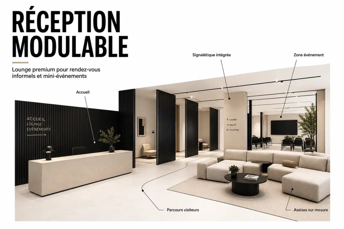 Aménager un espace de réception haut de gamme dans l'immobilier d'entreprise : lounge modulable avec circulation fluide et zone d’attente professionnelle