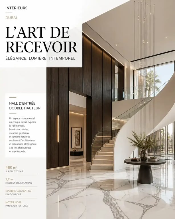 Les tendances du design intérieur pour les villas de luxe à Dubaï : utilisation du marbre veiné et du bois de noyer dans un hall double hauteur.