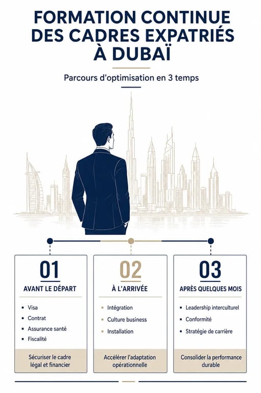 Optimiser la formation continue des cadres expatriés à Dubaï : infographie des étapes avant départ, à l’arrivée et après quelques mois