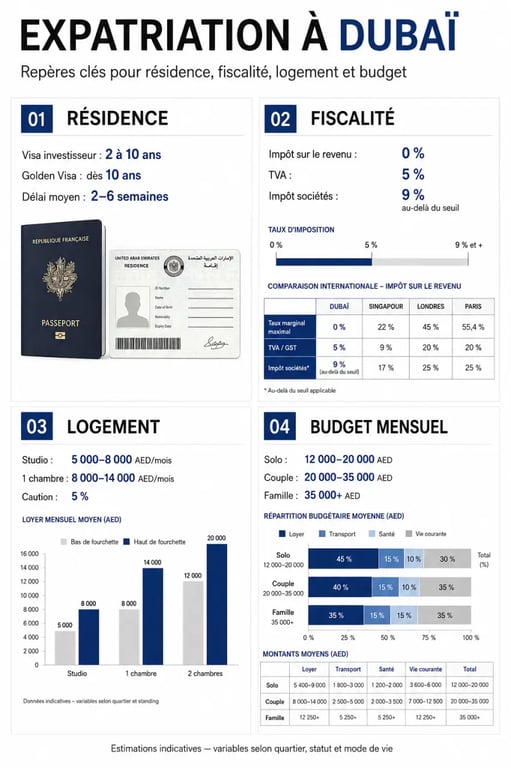 Optimiser la mobilité internationale des cadres expatriés à Dubaï avec un comparatif visuel des repères de résidence, fiscalité et budget