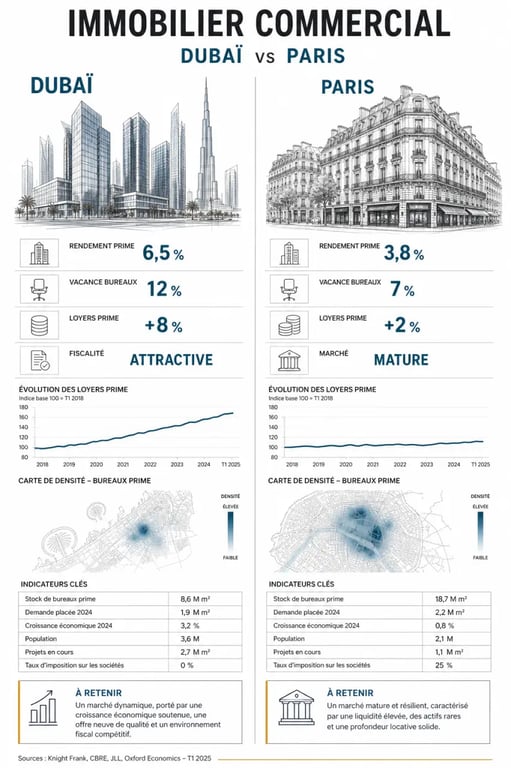 Investir dans l'immobilier commercial entre Dubaï et Paris : comparaison visuelle des critères de rendement, fiscalité et risque